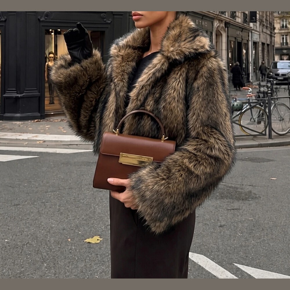 Brown Faux Fur Oversized Crop Coat with Shawl Collar